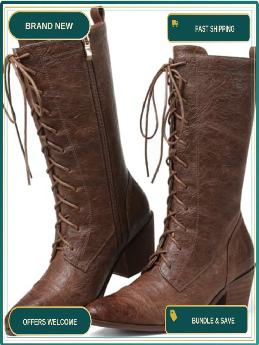 Mid Calf Boots for Women Chunky Heel Vintage Combat Boots Pointed Toe Lace Up